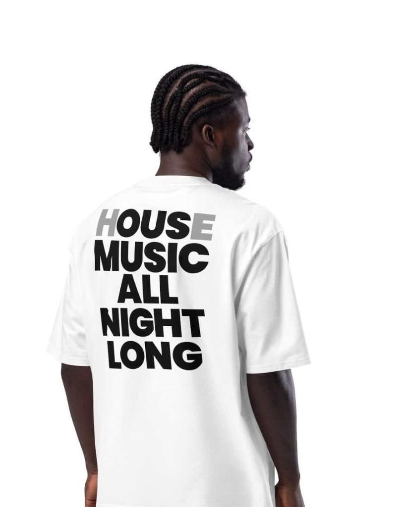 Model wearing the House Music All Night Long tee in white