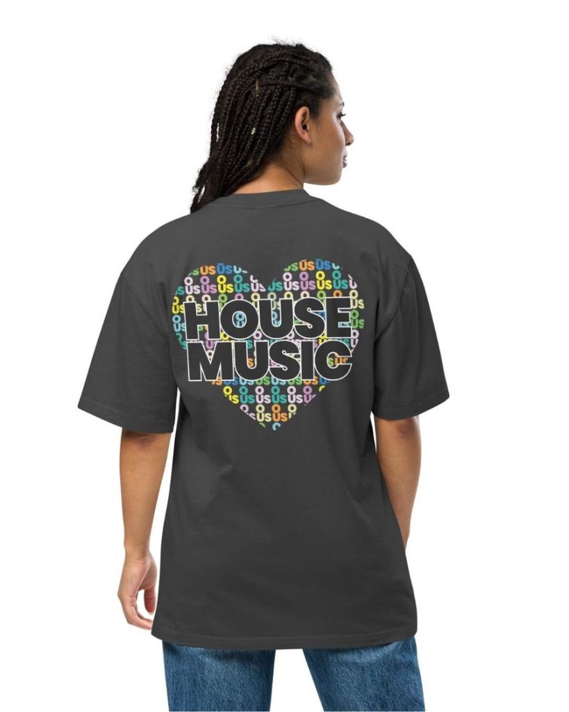 Model wearing the House Music Heart oversized tee in faded black, back view