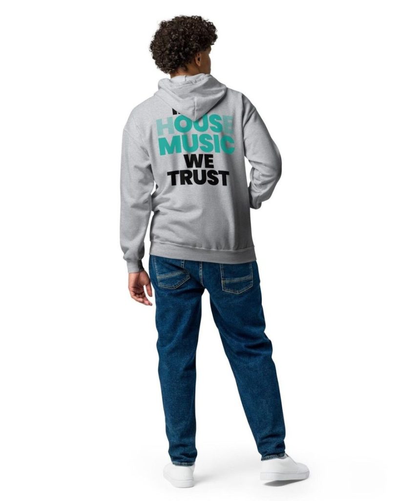 Model wearing the In House Music We Trust zip hoodie